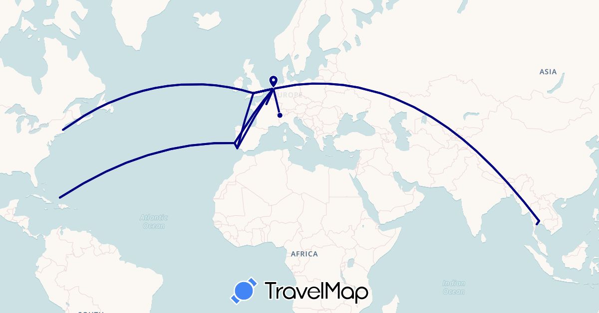 TravelMap itinerary: driving in Switzerland, France, United Kingdom, Netherlands, Portugal, Turks and Caicos Islands, Thailand, United States (Asia, Europe, North America)
